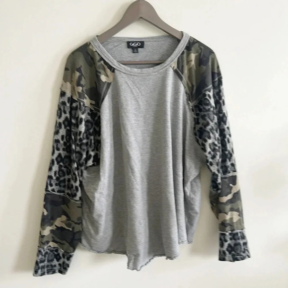 Gray camo/leopard multi media print baseball long sleeve loose fitting top L - Picture 1 of 6